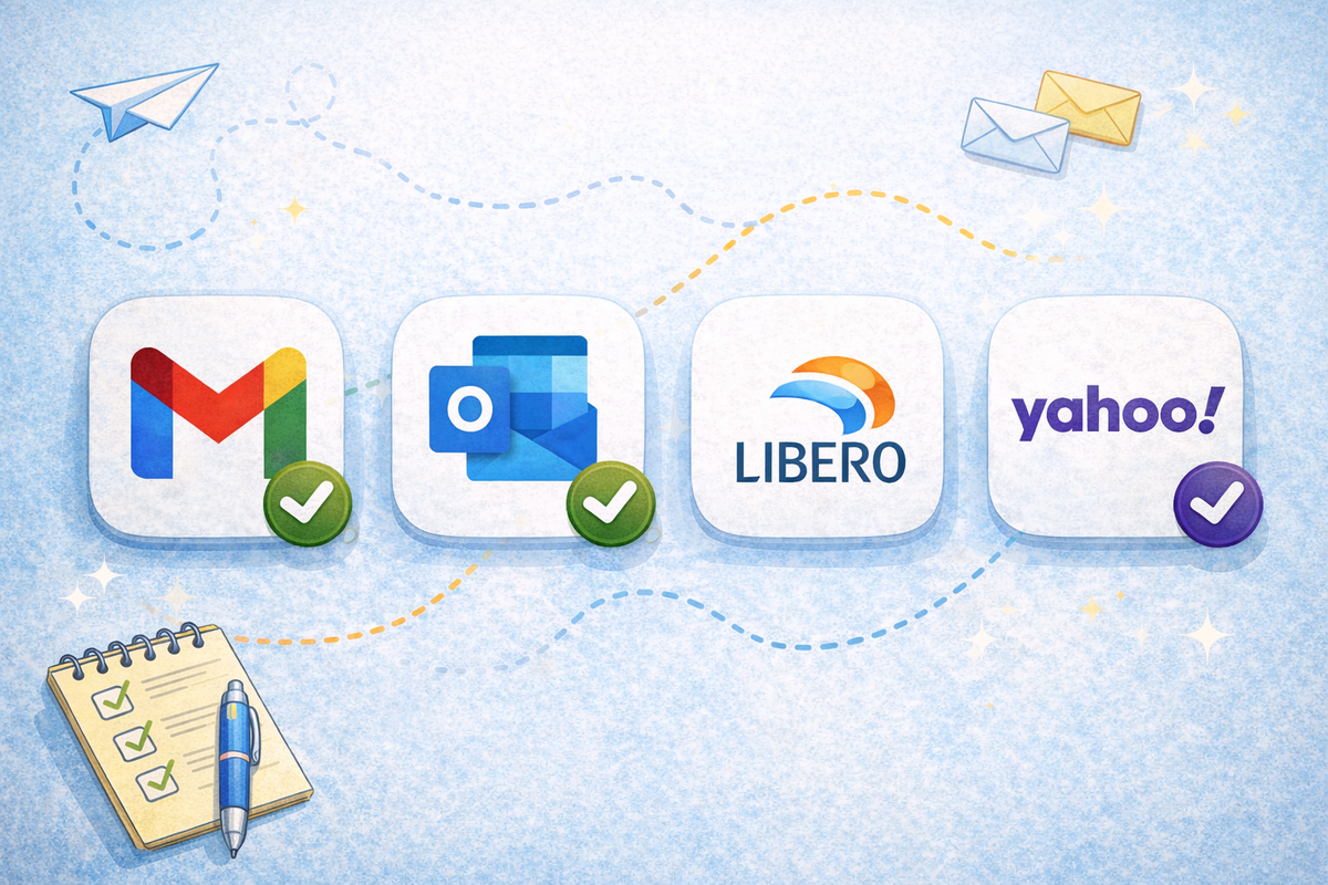 Confronto tra diversi servizi email come Gmail, Outlook, Libero, Yahoo e Virgilio