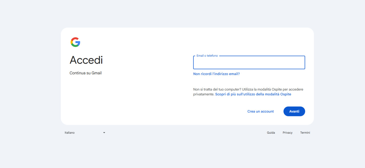 Campo dove inserire l’indirizzo email per accedere a Gmail