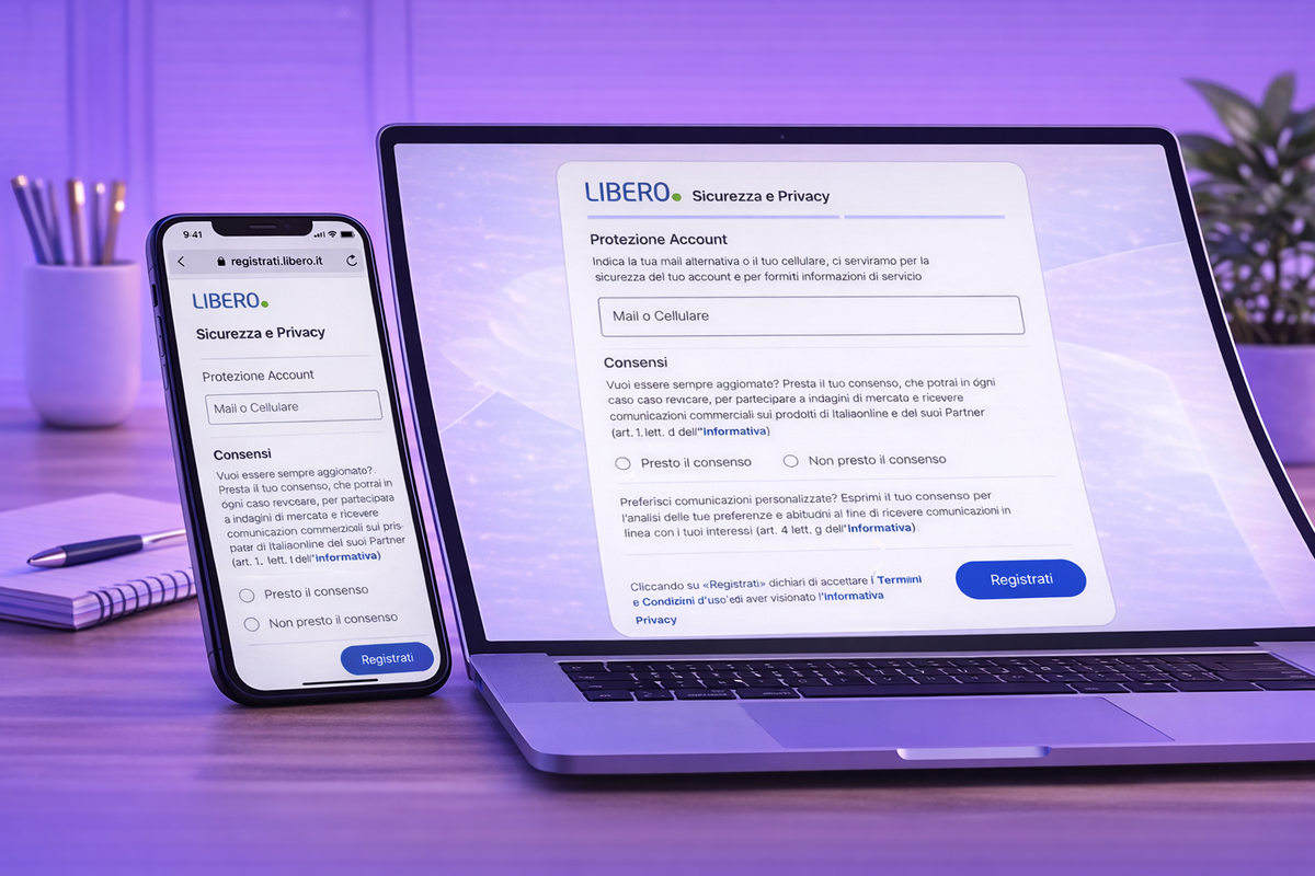 Inserimento dei dati di recupero e controllo dei consensi durante la registrazione Libero Mail