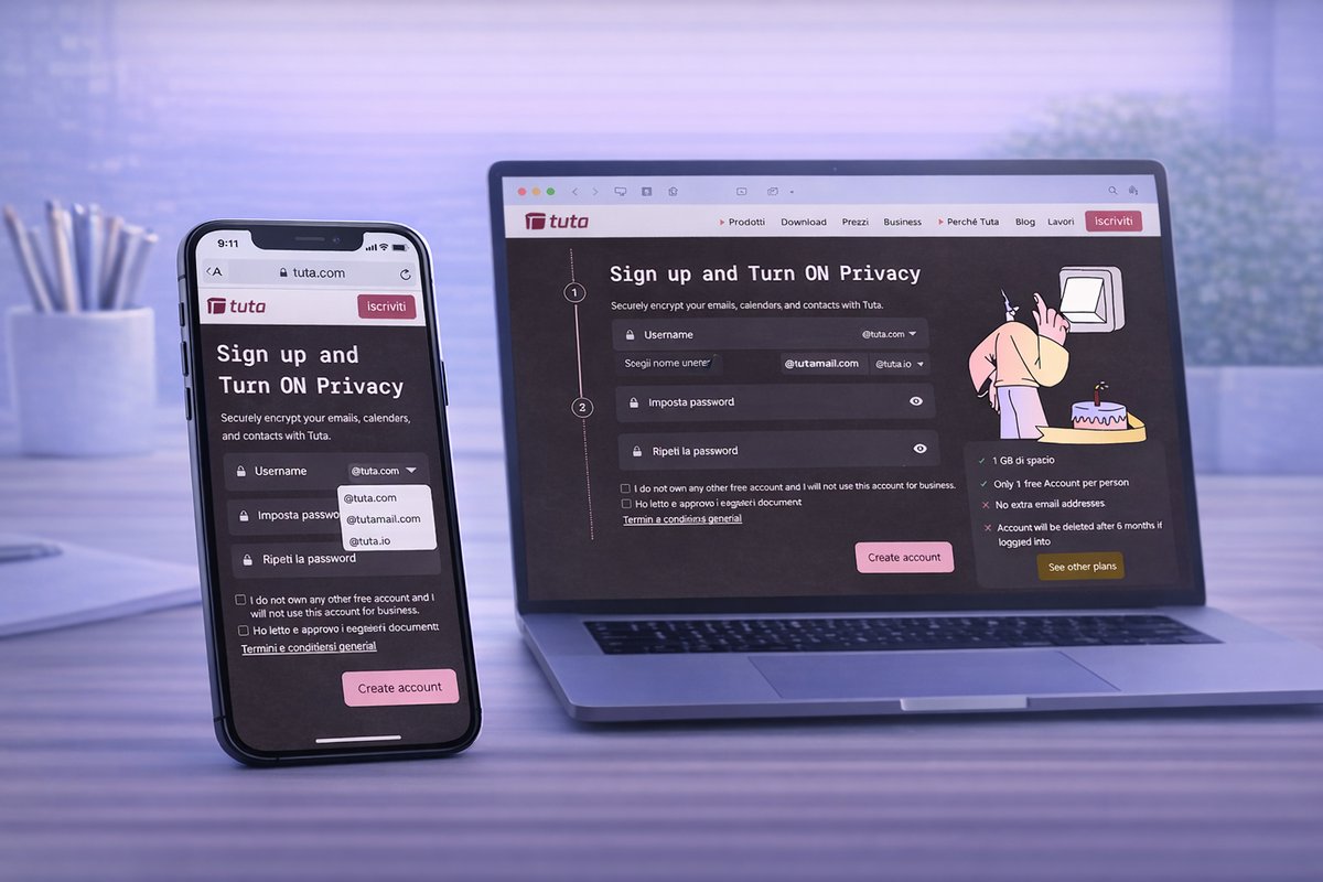 Scelta del nome utente, del dominio e della password Tuta