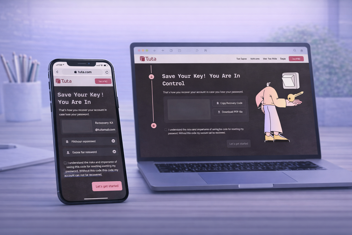 Schermata con chiave di recupero mostrata durante la registrazione Tuta