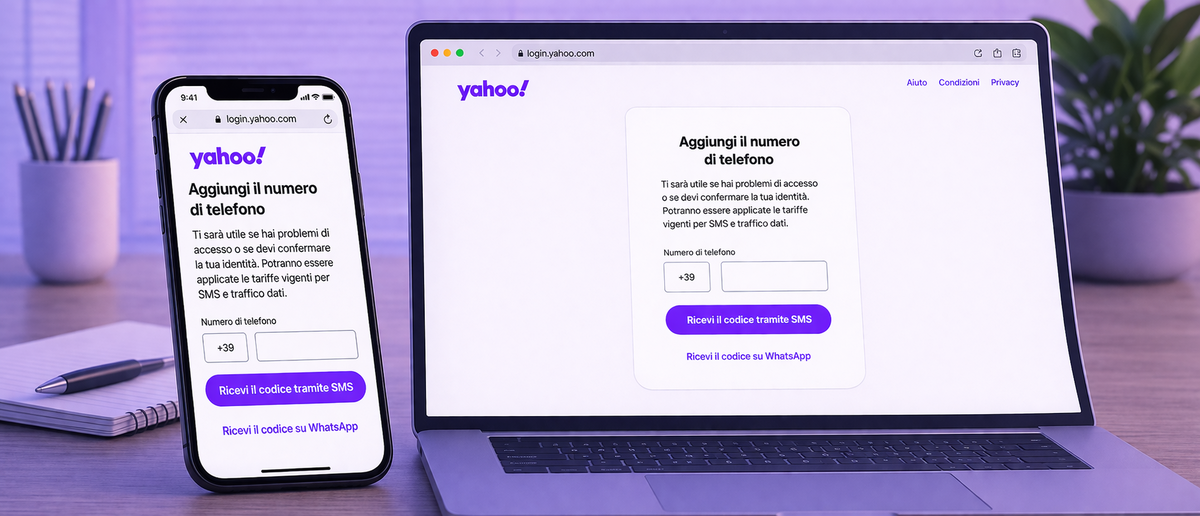 Inserimento del numero di telefono e verifica durante la registrazione Yahoo Mail
