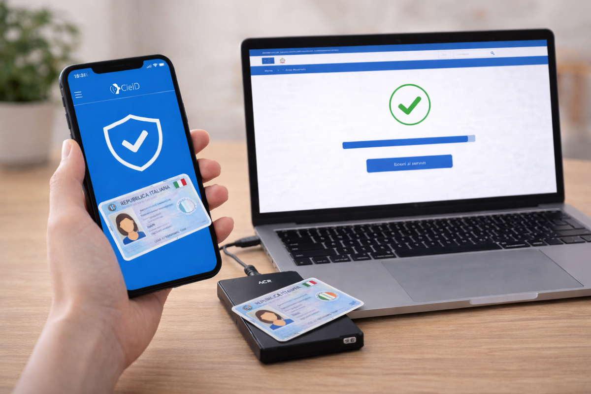 Persona che accede ai servizi online con carta d’identità elettronica da telefono o computer