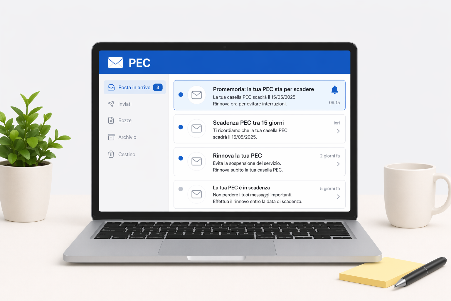 Lettura degli avvisi del gestore per il rinnovo PEC
