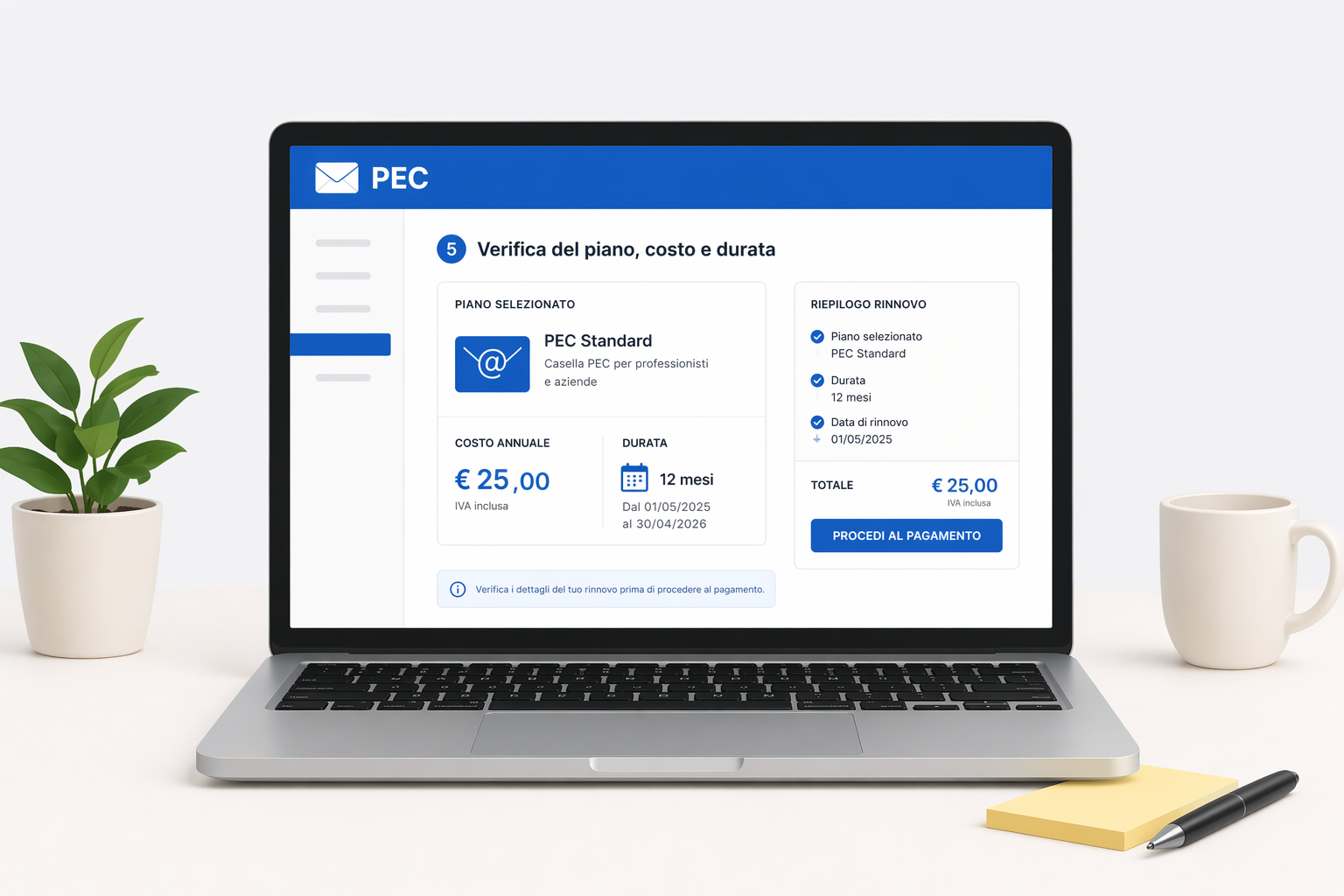 Controllo del piano e del costo di rinnovo della PEC