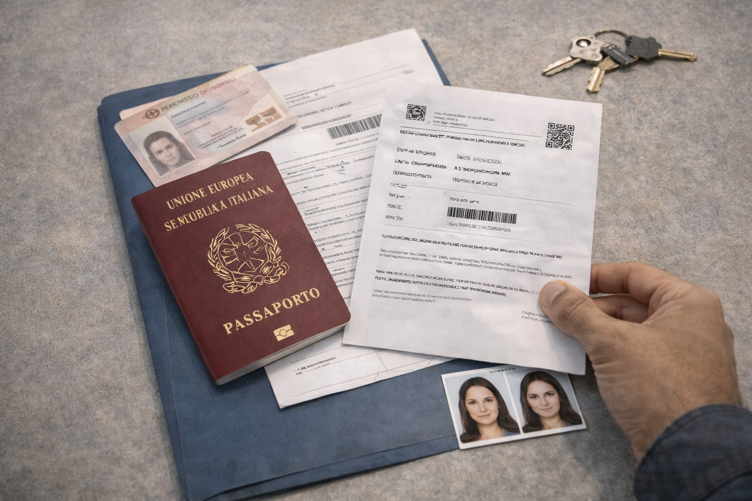 Preparazione di ricevuta, passaporto e documenti per la Questura