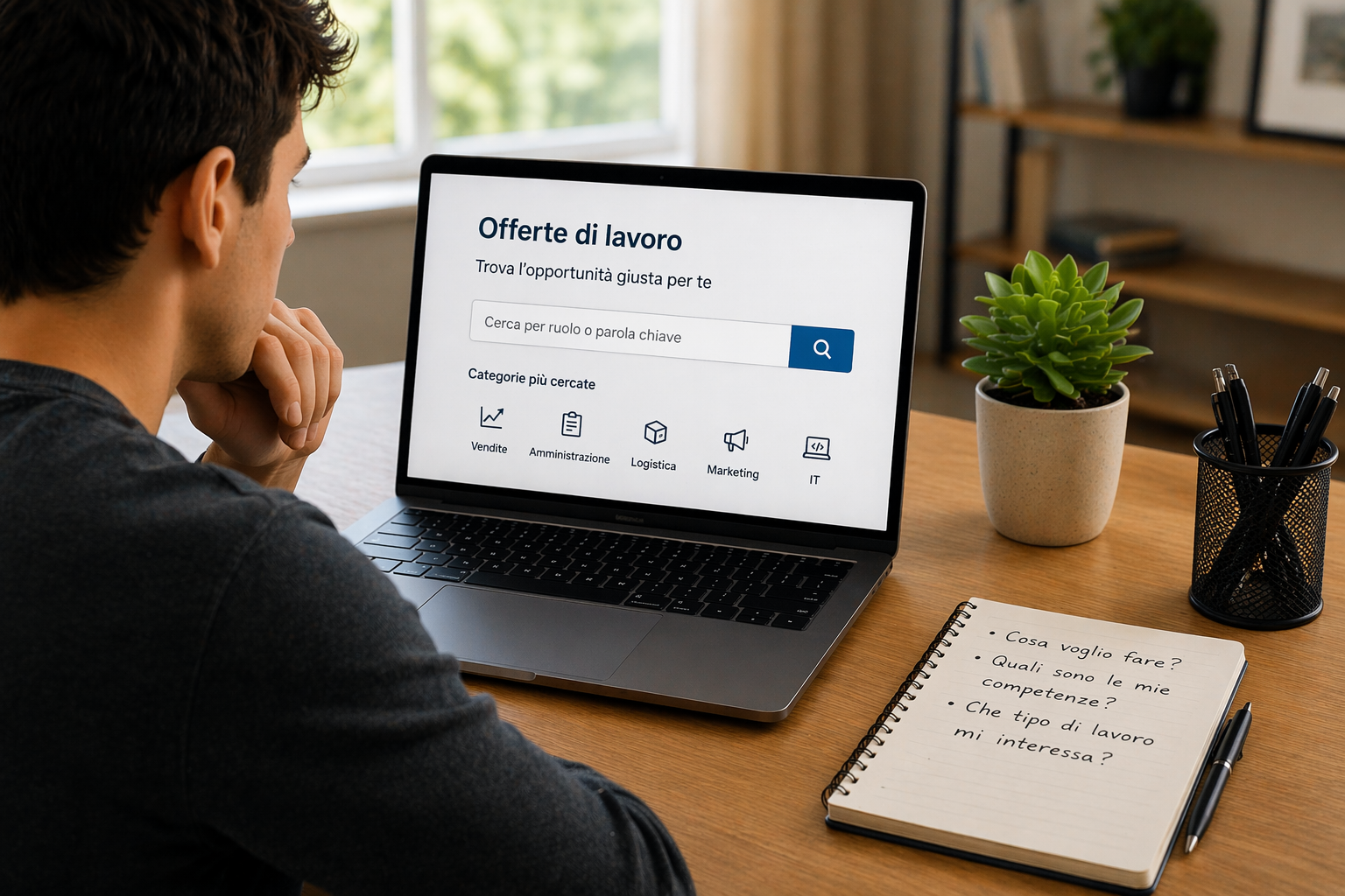 Persona che pensa al tipo di lavoro per cui preparare un curriculum senza esperienza